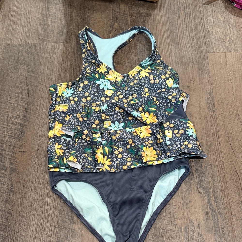 Wonder Nation Floral Kids Swim One Piece - Yellow and Blue